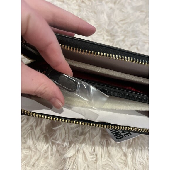 LOVE MOSCHINO Black Vegan Leather Gold Heart Studded Full Zip Wallet Red Inside - Picture 7 of 16